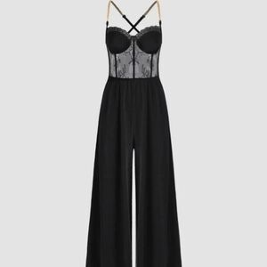 CIDER Black Lace Corset Gold Chain Wide Leg Jumpsuit